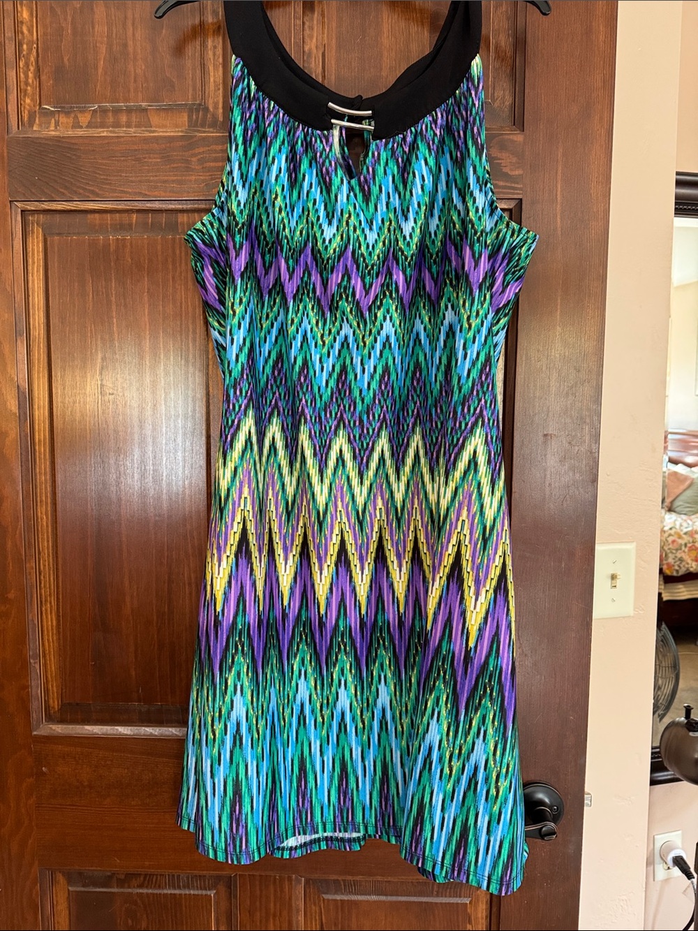 Studio Works Sleeveless Zigzag Shift Dress in Teal, Purple & Yellow